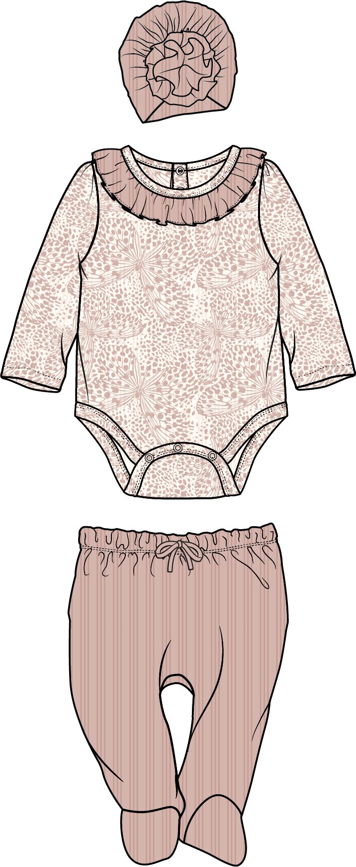 Girls Printed Ribbed Bodysuit, footed pants, and Hat:Leopard