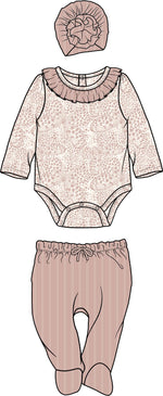 Girls Printed Ribbed Bodysuit, footed pants, and Hat:Leopard