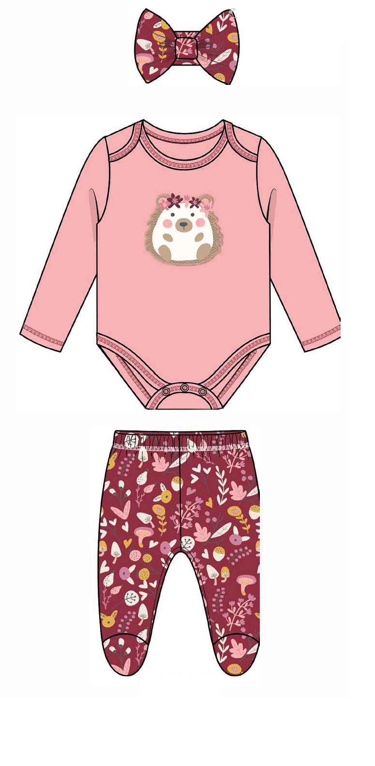 Girls 3 Piece Set-Pink Floral Hedgehog