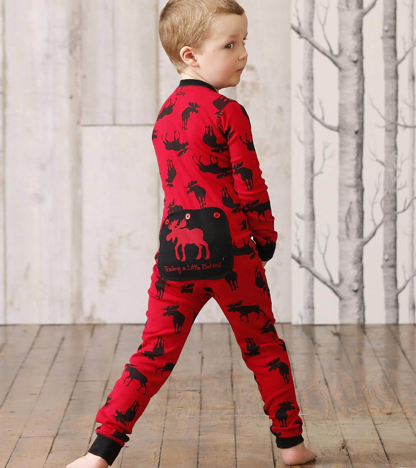 Moose On Red Baby Union Suit Trailing A Little Behind