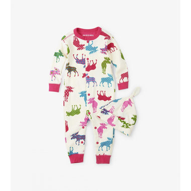 Patterned Moose Baby Girl Romper And Hat