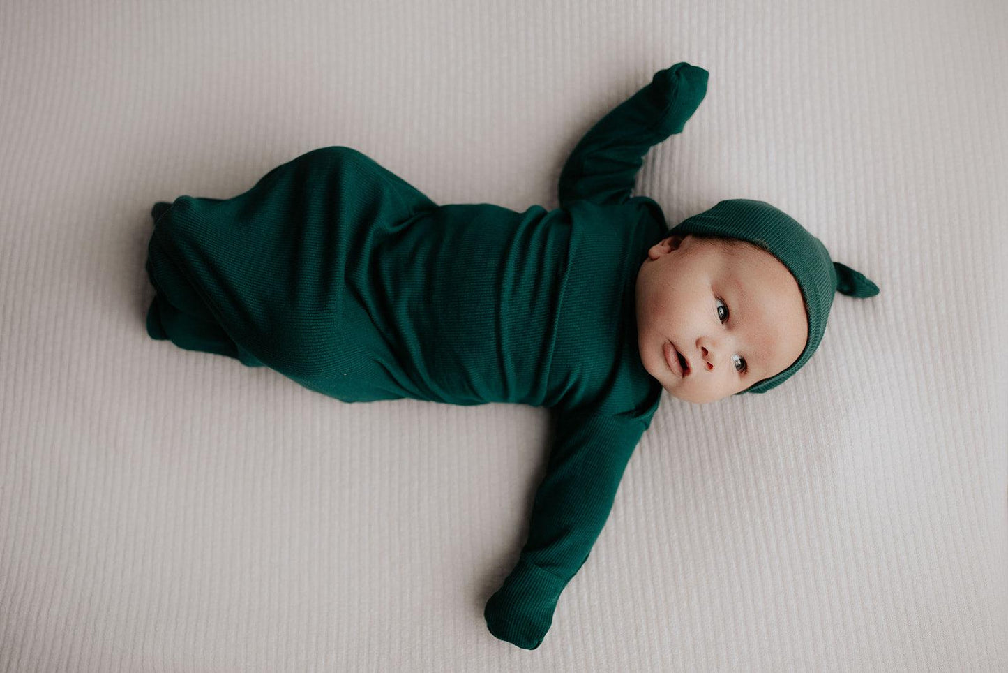 Three Little Tots - Forest Green Ribbed Knotted Gown + Hat