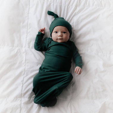 Three Little Tots - Forest Green Ribbed Knotted Gown + Hat