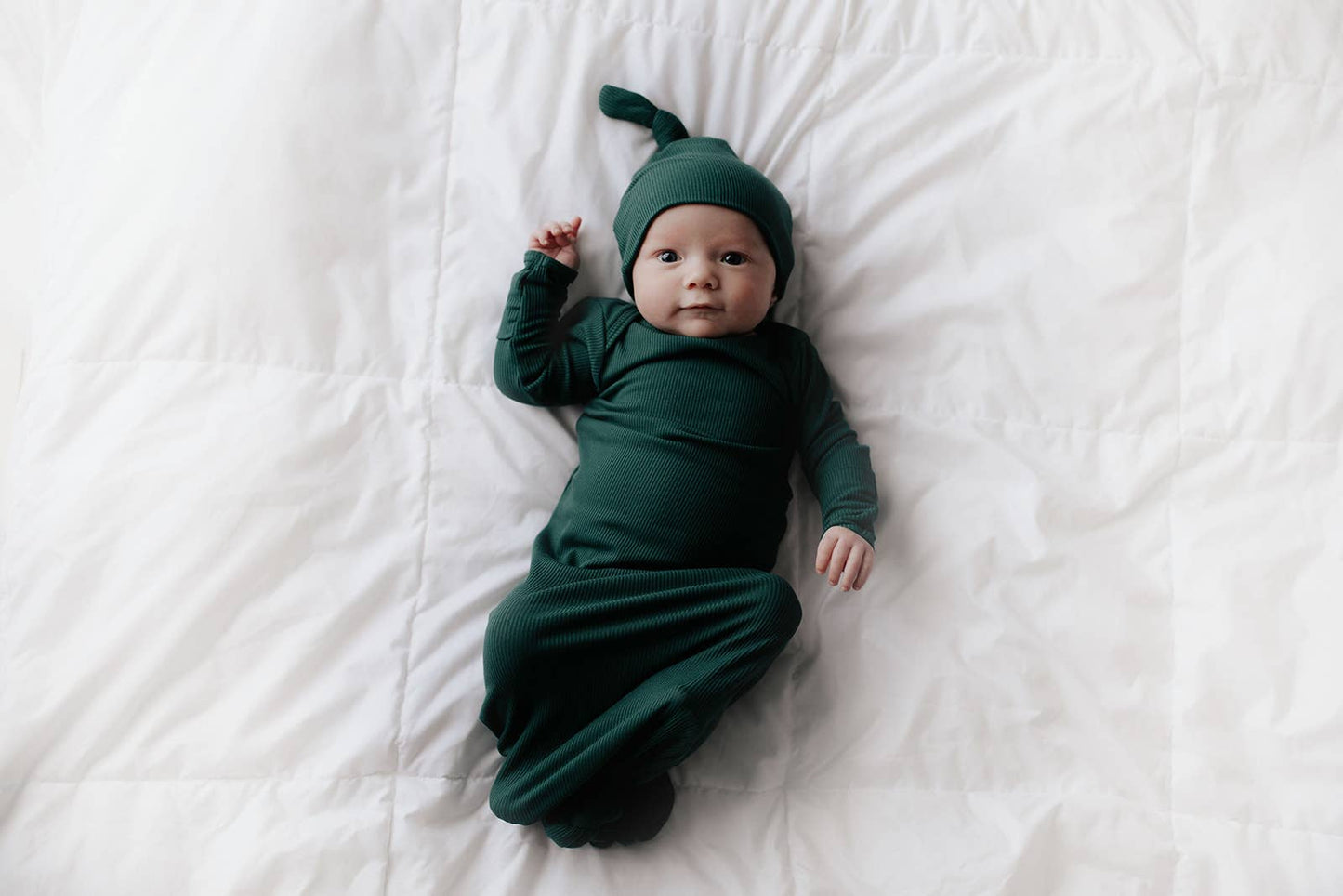 Three Little Tots - Forest Green Ribbed Knotted Gown + Hat