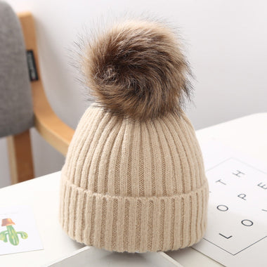 Winter Plush Lined Children's Knitted Hat With PomPom