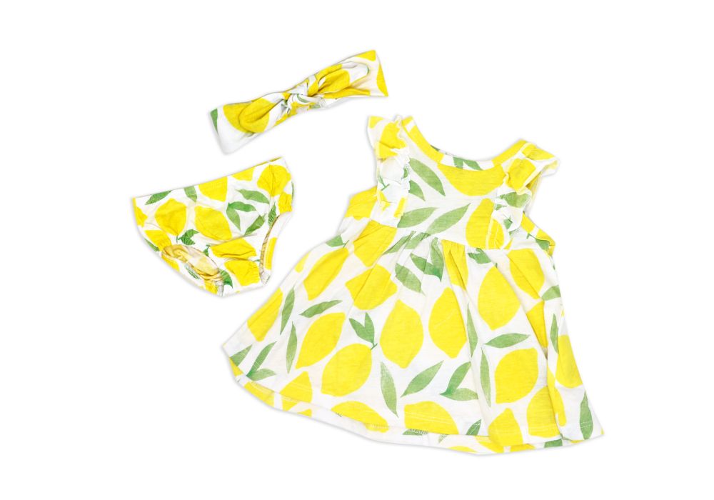 Girls 2 Piece Knit Dress & Headband Set: Lemon: 3M